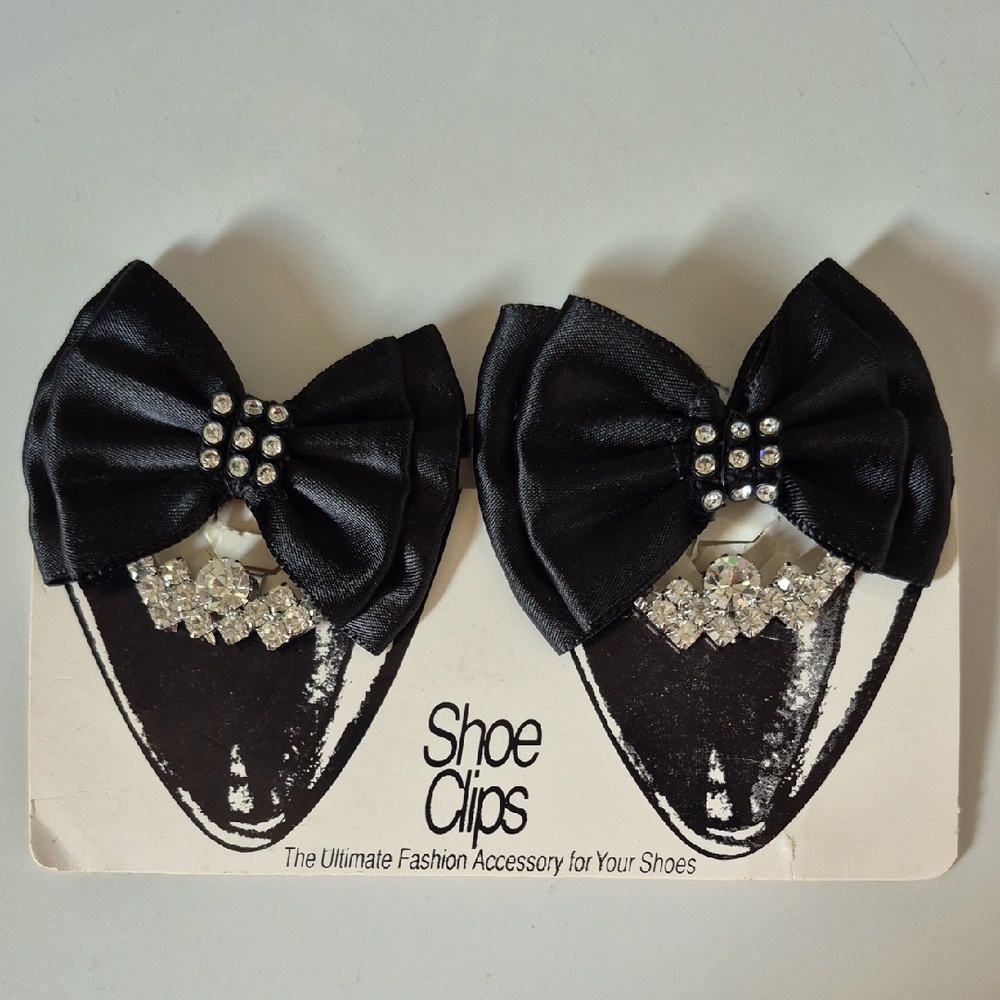 Nordstrom 2 Pair Black Satin Bow  and Rhinestone Shoe Clips